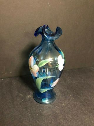 Vintage Signed Fenton M.  Wagner Studio Art Glass Cobalt Blue Vase Hand - Painted