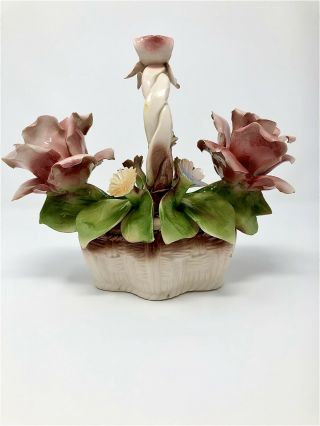 Vintage Nuova Capodimonte Porcelain Flower Basket Italy Roses W/ Bow On Handle