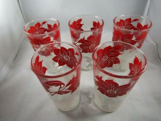 5 X Vintage Mid Century Drinking Glasses - Red Flower Design 4.  5 " Tall - 2
