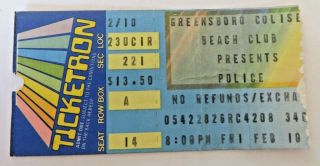 The Police Synchronicity Tour Ticket Stub February 10 1984 Greensboro Nc 2248