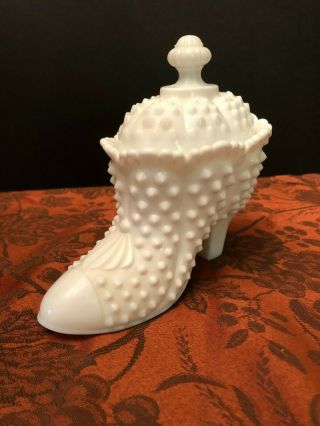 Vintage Fenton Milk Glass Hobnail Shoe Candy Dish With Lid,  5 1/2 " Tall