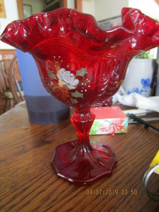 Vintage Ruby Red Fenton Art Glass Compote Candy Dish Hand Painted And Signed