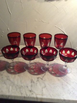 Vintage Ruby Red Stemware Cut To Clear France Set Of 8.  Perfect