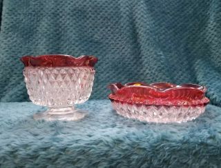 Vintage Indiana Glass Diamond Point Ruby Flash Scallop Edge Bowls Set Of 2 Euc