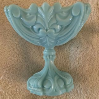 Vintage Fenton Pedestal Compote Turquoise Blue Milk Glass Scalloped Edge 6.  5”