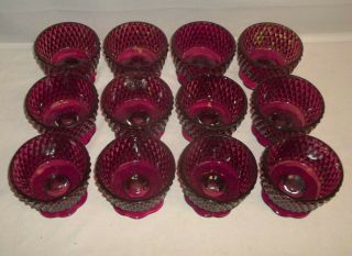 Vintage Crimson Red Diamond Cut Glass Sherbet Dessert Bowls Cups Set 12