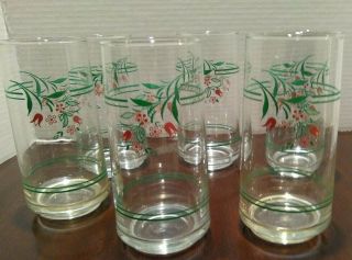 Vintage Set Of 6 Mid Century Modern Clear W/pink And Green