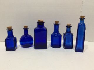 Vintage Set Cobalt Blue Glass Apothecary Bottles Assorted Sizes W/cork Stoppers
