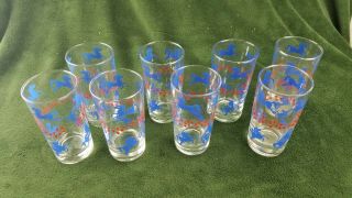 Vintage Set Of 8 Blue Horse Red Stars Glasses Mid Century Libbey Glass