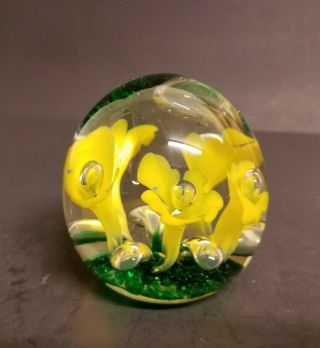 Vintage St Clair Yellow Green Design Controlled Bubbled Paperweight 3,  5 Inch