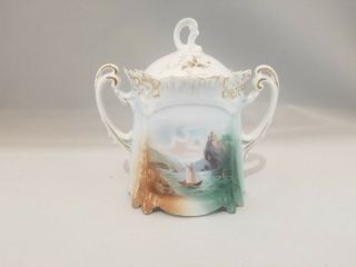 Rs Prussia Icicle Mold Sugar Bowl Man In The Mountain,  Sail Boat On The Lake