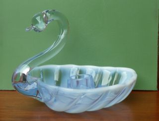 Duncan Miller Blue Opalescent Glass Swan Candle Holder - Dish,  Sylvan Pattern