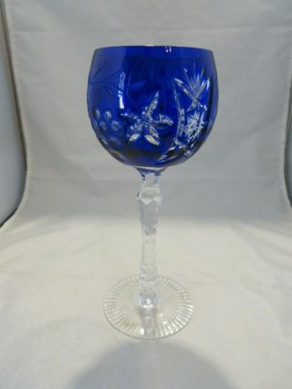 Vintage Bohemian Cut - To - Clear Crystal Wine 7 3/4 " Hock Goblet Cobalt Blue