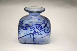 Robert Held Art Glass Small Bottle Shape Vase Blue Iridescent Lines