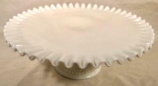 Vintage Fenton 12 1/2 " Milk Glass Hobnail Ruffled Edge Pedestal Cake Plate