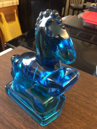 L E Smith Blue Glass Horse Bookend Rearing Stallion Mid Century Vintage