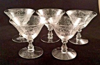 Set Of 5 Etched Fine Crystal 6 Oz.  Champagne/sherbet Glasses