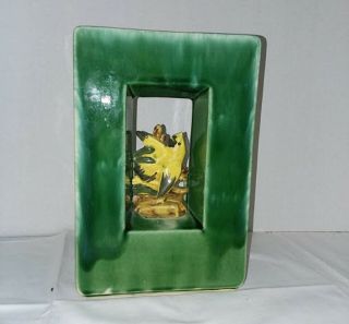 Vintage Mccoy Pottery Square Arcature Green Planter Vase With Yellow Bird (25)