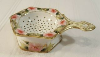 Antique Maple Leaf Nippon Hand Painted Tea Strainer & Receptacle,  Gold Moriage