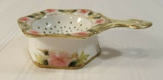 Antique Maple Leaf Nippon Hand Painted Tea Strainer & Receptacle,  Gold Moriage 4