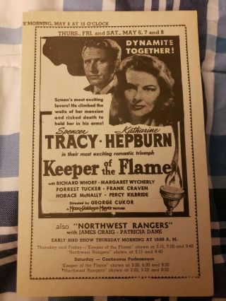 1942 Movie Flyer Keeper Of The Flame Hepburn,  Tracy; Duke Ellington