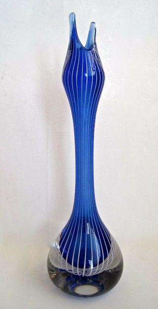 Studio Art Glass Bud Vase Cobalt Blue With White Bands 11 " Tall