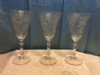 Vintage Etched Glass Wine Goblets Set Of 3 8” Tall