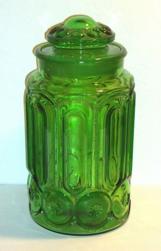 11 1/2 Inch Vintage Green Le Smith Glass Canister With Lid - Moon And Stars - Lg