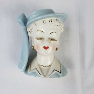Vintage Lady Head Vase Light Blue Hat Ribbon