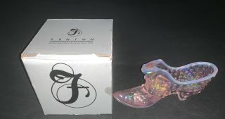 Vintage Pink Fenton Art Carnival Iridescent Glass Slipper Heel Boot Box Hobnail
