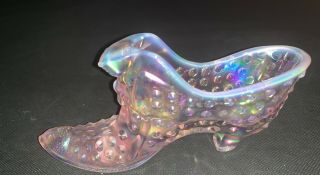 Vintage Pink Fenton Art Carnival Iridescent Glass Slipper Heel Boot Box Hobnail 2