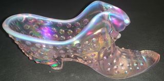 Vintage Pink Fenton Art Carnival Iridescent Glass Slipper Heel Boot Box Hobnail 3