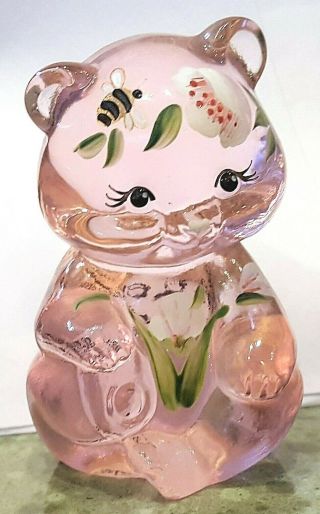 Signed Fenton Glass Pink Bear Hand Painted Friends Forever 2.  75 " Tall Flowers