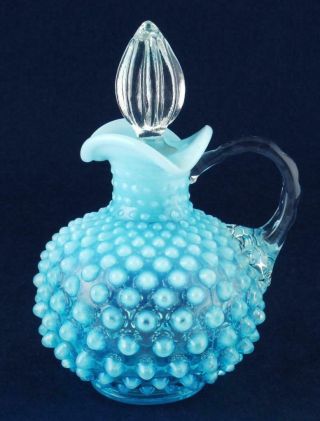 Fenton Hobnail Blue Opalescent Round Cruet Clear Glass Handle & Stopper