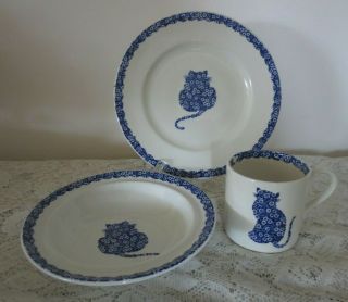 Royal Crownford England Norma Sherman Blue Calico 3 Piece Childs Dinner Set