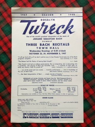 1947 Rosalyn Tureck Pianist Town Hall Box F Flyer Handbill Three Bach Recitals H