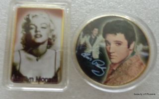 set of 2 Elvis Presley & Marilyn Manroe 24 kt gold plated 40 mm coin 1 2