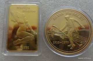 set of 2 Elvis Presley & Marilyn Manroe 24 kt gold plated 40 mm coin 1 3