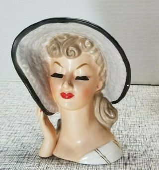 Vintage Napco National Potteries Blond Hair Lady Head Vase Eyelashes Big Hat