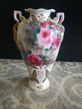 Vintage Hand Painted Royal Nippon Vase Nishiki 12 In Double Handles Flowers Gold