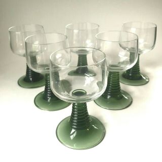 Vintage Set Of 6 Clear Green Ribbed Stem Cordial Glasses Unmarked 4.  5 "