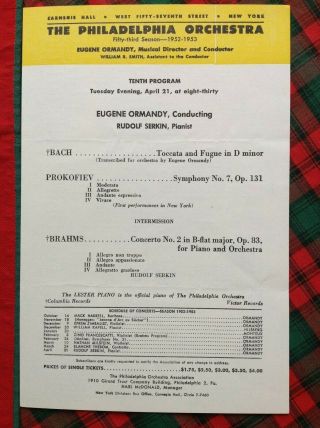 1952 - 1953 Ormandy Rudolf Serkin Philadelphia Orchestra Carnegie Concerts Flyer