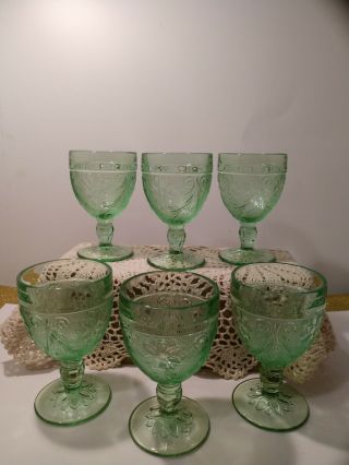 6 Vintage Indiana Glass Co.  Light Green Chantilly Tiara Wine Water Stemware