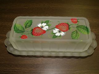 Westmoreland Satin Frosted Glass Butter Dish W / Lid Hand Painted Strawberries