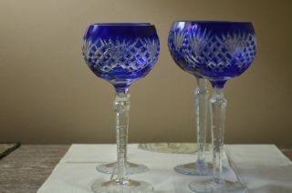 Vintage Set Of 4 Cobalt Blue Cut To Clear Wine Goblet Glass 8 3/8 "