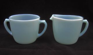 Vintage Fire King Turquoise Blue Cream And Sugar Bowl Set Delphite Azurite Minty