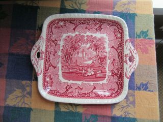Masons Vista Pink Red Transferware Square Handle Serving Tray Platter Cake Plate