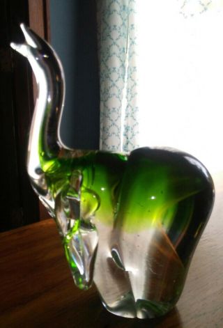 Murano Art Glass Elephant Green Trunk Up Clear Crystal Italy Paperweight Figure