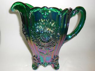 Hunter Green Carnival Glass Water Footed Pitcher Dahlia Pattern Dugan Flower Art