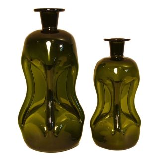 Vintage Holmegaard Jacob Bang Kluk Kluk Green Pinched Glass Decanter Bottle Pair